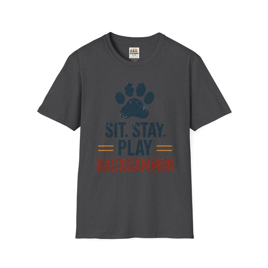 Backgammon T-Shirt — "Sit. Stay. Play Backgammon" Paw Print Tee