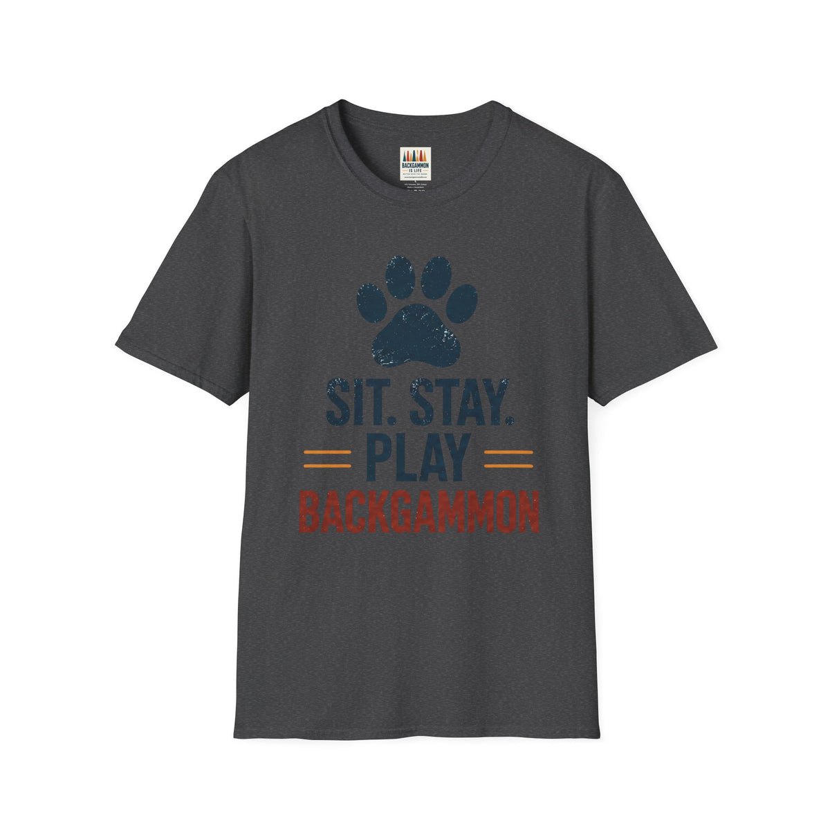 Backgammon T-Shirt — "Sit. Stay. Play Backgammon" Paw Print Tee