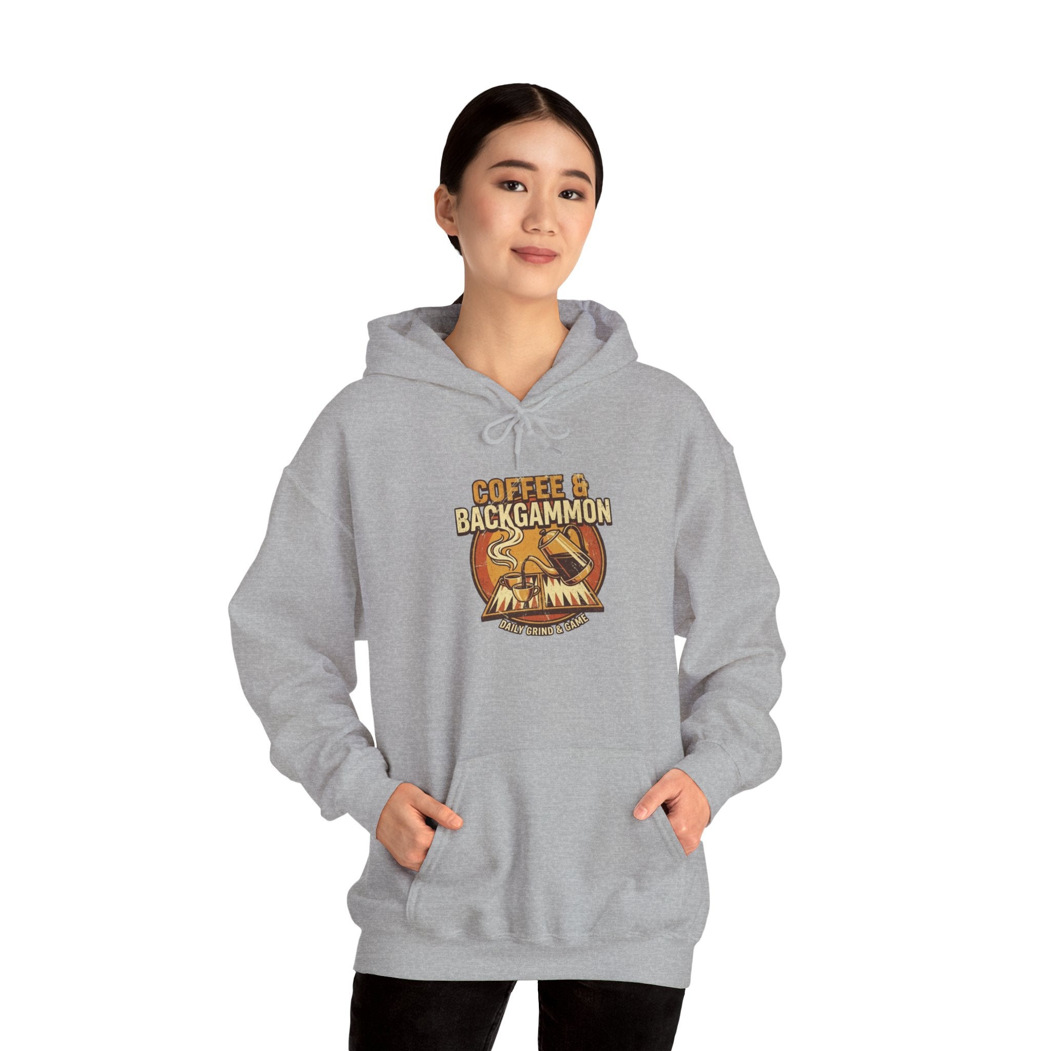 Coffee & Backgammon Unisex Heavy Blend™ Hooded Sweatshirt — Retro Coffee Lovers Game Night Sweatshirt