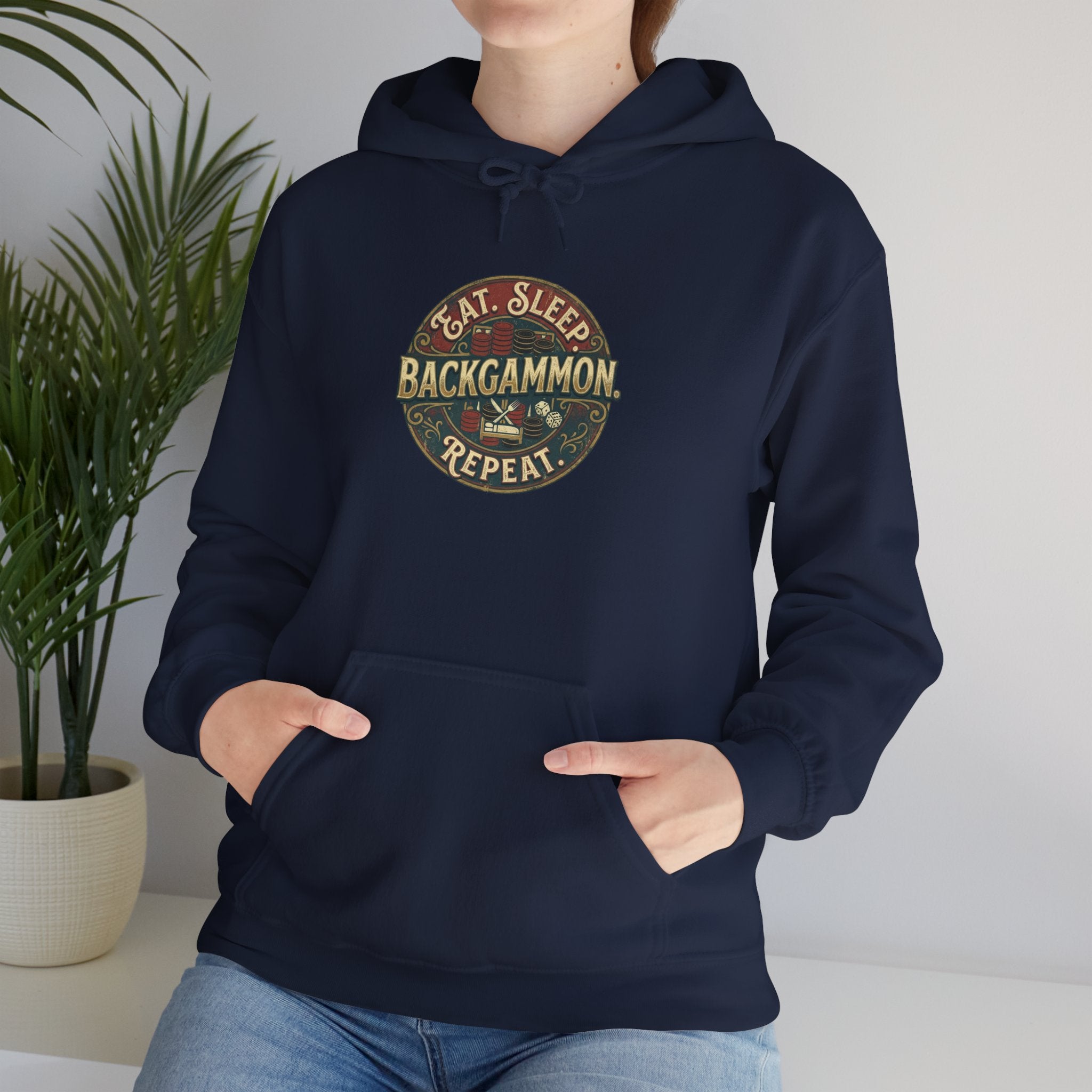 Eat. Sleep. Backgammon. Repeat. Unisex Heavy Blend™ Hooded Sweatshirt - Vintage Game Night Sweatshirt
