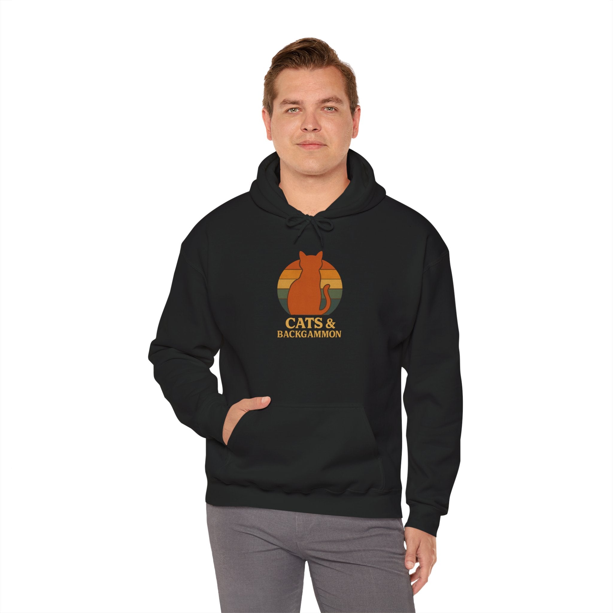 Cats & Backgammon Hoodie — Retro Sunset Cat Game Lover Pullover